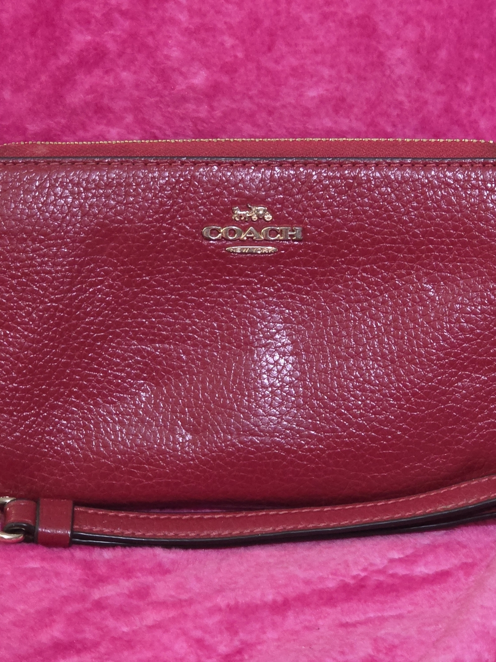 Coach Pebbled Leather Wristlet Clutch in Deep Red